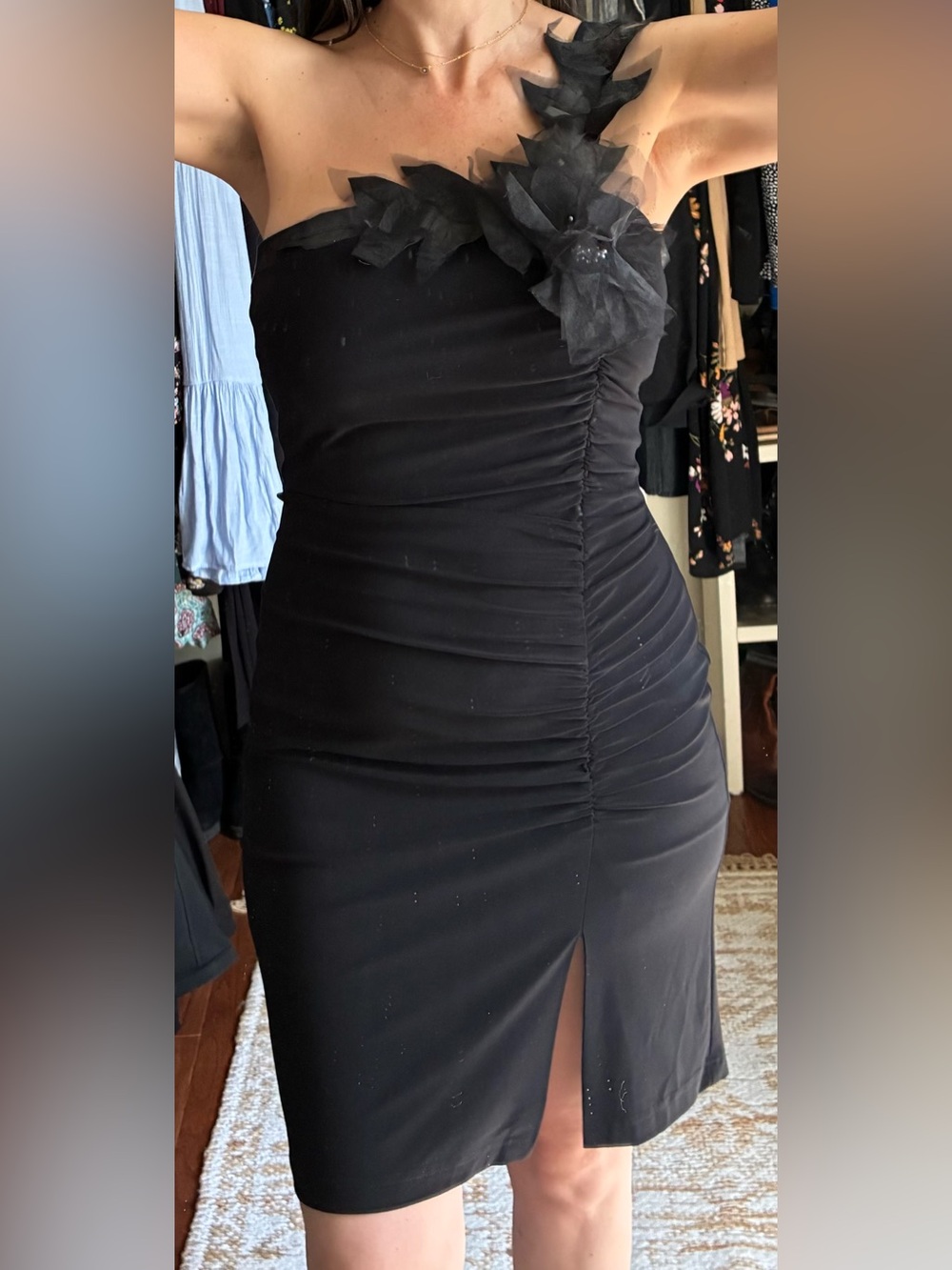 Joseph Ribkoff Strapless Black One-Shoulder Ruched Dress with Floral Detail 6